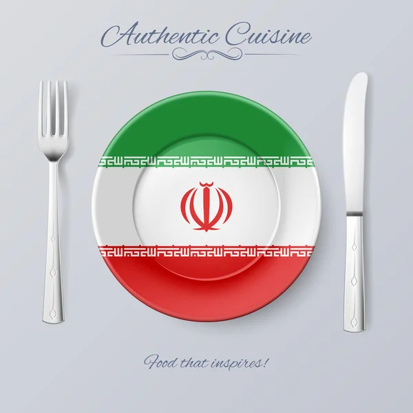 Auténtica cocina de Irán. Placa con Bandera y Cubertería Iraní — Archivo Imágenes Vectoriales