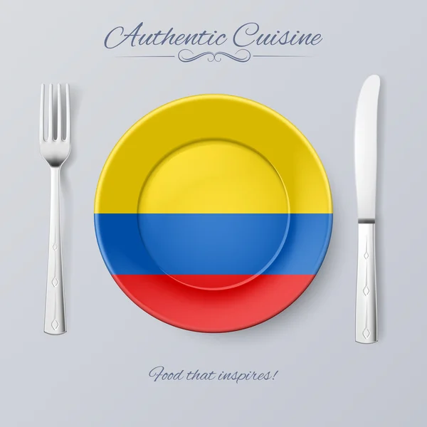 Authentic Cuisine of Colombia. Plate with Colombian Flag and Cutlery — Stock Vector