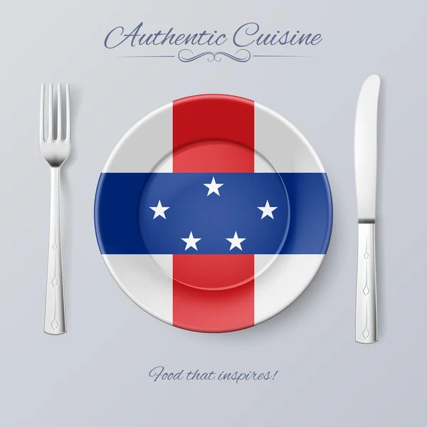 Cozinha autêntica das Antilhas Holandesas. Prato com Bandeira e Talheres — Vetor de Stock