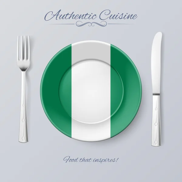 Auténtica cocina de Nigeria. Placa con Bandera y Cubertería de Nigeria — Vector de stock