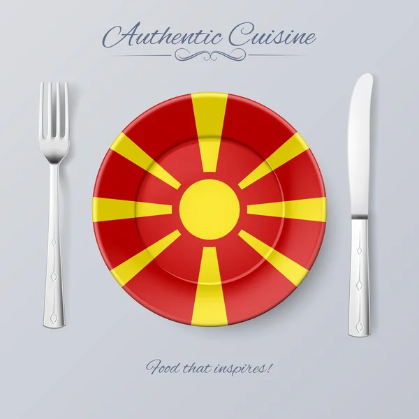 Auténtica cocina de Macedonia. Placa con Bandera y Cubertería de Macedonia — Vector de stock