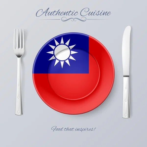 台湾的地道美食。板与船旗国和餐具 — 图库矢量图片