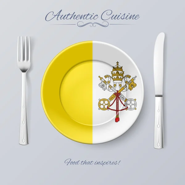 Auténtica cocina de la Ciudad del Vaticano. Placa con Bandera y Cubertería — Vector de stock