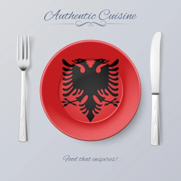 Authentic Cuisine of Albania. Plate with Albanian Flag and Cutlery — Stock Vector