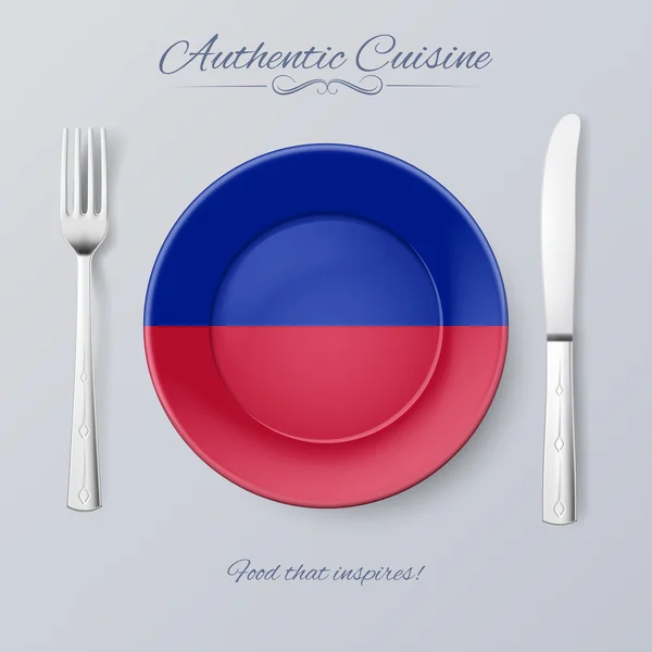 Auténtica cocina de Haití. Placa con Bandera y Cubertería Haitiana — Vector de stock