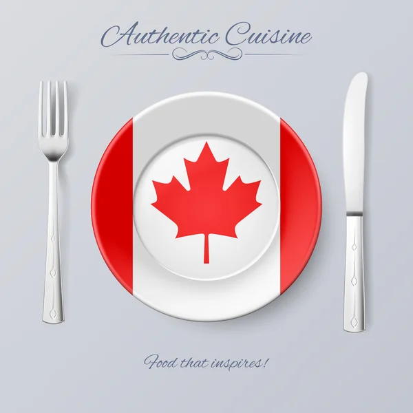 Authentic Cuisine of Canada. Plate with Canadian Flag and Cutlery — Stock Vector