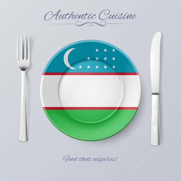 Auténtica cocina de Uzbekistán. Placa con Bandera y Cubertería Uzbeka — Vector de stock