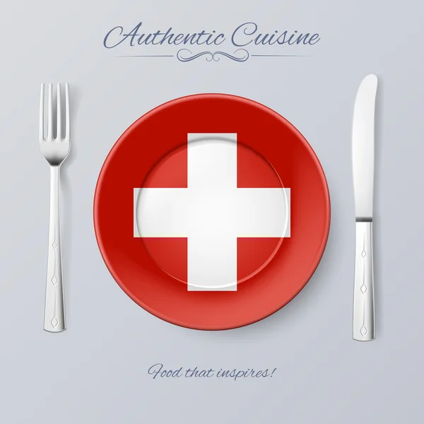 Autentická kuchyně ze Švýcarska. Deska s švýcarské vlajky a příbory — Stockový vektor