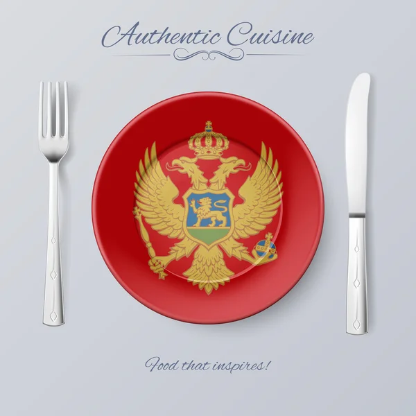 Cozinha autêntica de Montenegro. Prato com bandeira montenegrina e talheres — Vetor de Stock