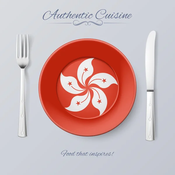 Auténtica cocina de Hong Kong. Placa con Bandera y Cubertería — Vector de stock