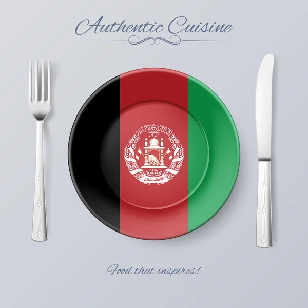 Authentic Cuisine of Afghanistan. Plate with Afghan Flag and Cutlery — Stock Vector