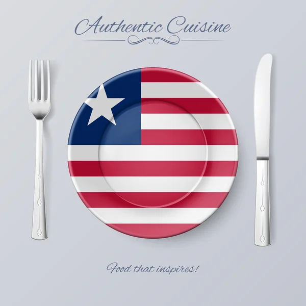 Auténtica cocina de Liberia. Placa con Bandera y Cubertería de Liberia — Vector de stock