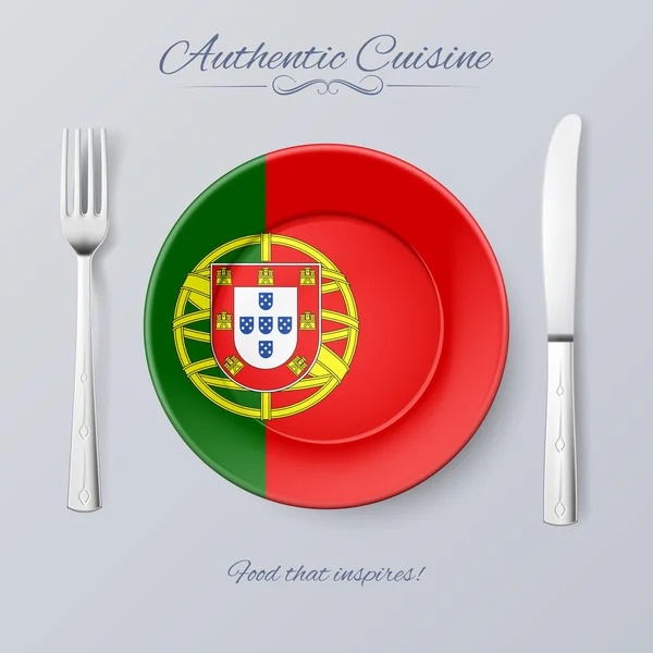 Cuisine authentique du Portugal. Assiette avec drapeau portugais et couverts — Image vectorielle