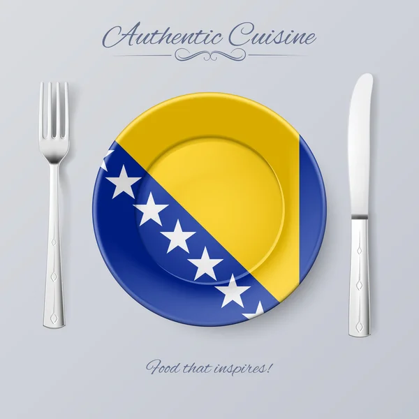 Аутентичная кухня Боснии и Герцеговины. Тарелка с флагом и столовыми приборами — стоковый вектор