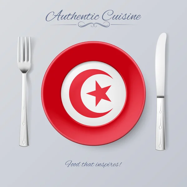 Authentic Cuisine of Tunisia. Plate with Tunisian Flag and Cutlery — Stock Vector