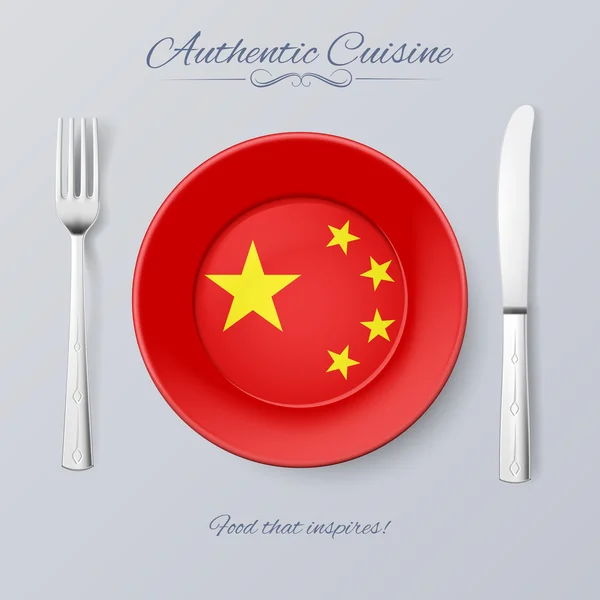 Cuisine authentique de Chine. Assiette avec drapeau chinois et couverts — Image vectorielle