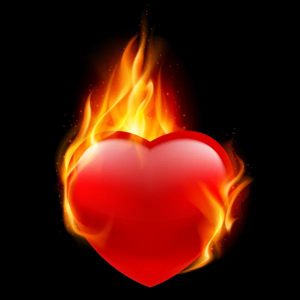 Red heart burning in flames — Stock Vector