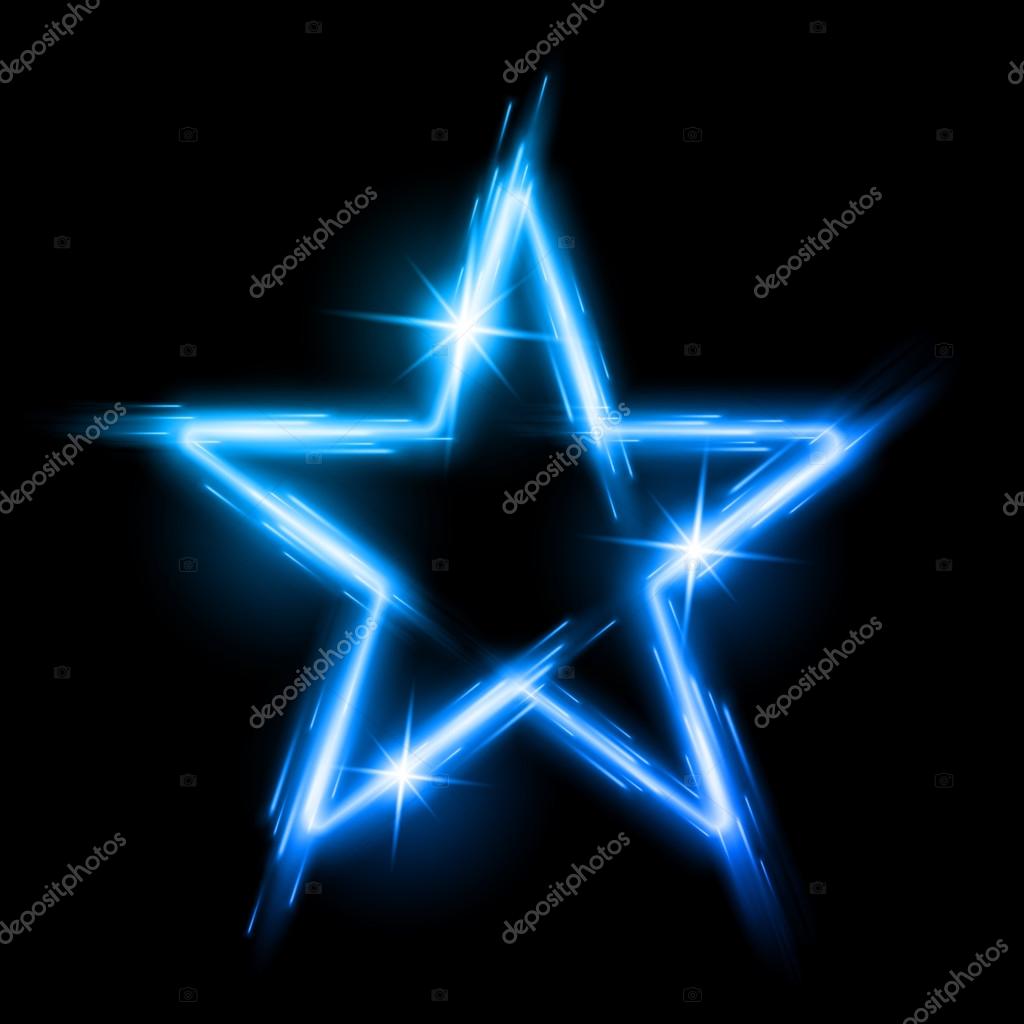 Neon glowing blue star with reflection in space