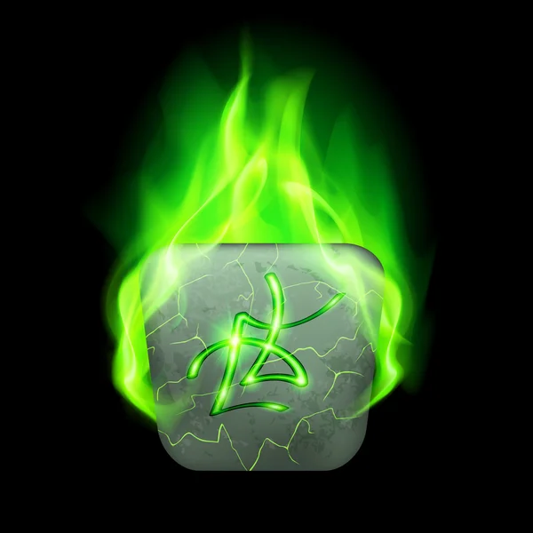 Magic rune burning in green flame — Stock Vector