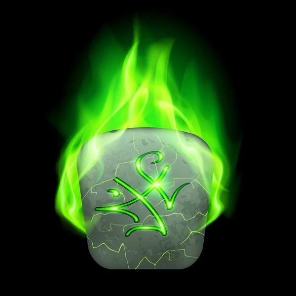 Runa mágica queimando em chama verde — Vetor de Stock