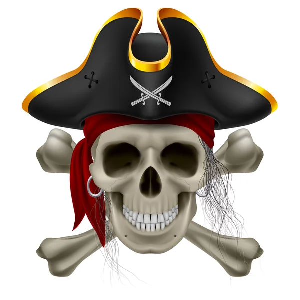 Pirate skull in red bandana and cocked hat — Stock Vector