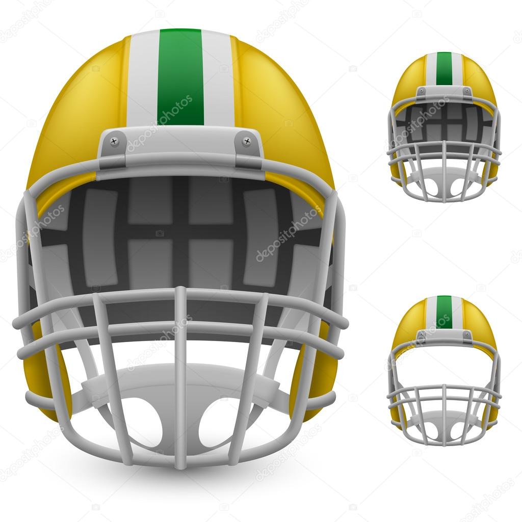 Set of yellow football helmets on a white background