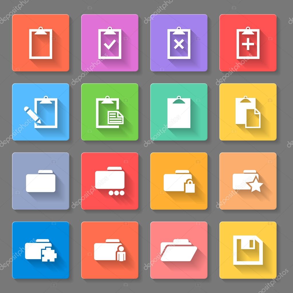 Set of icons, folders, and paper plates isolated in multicolored squares