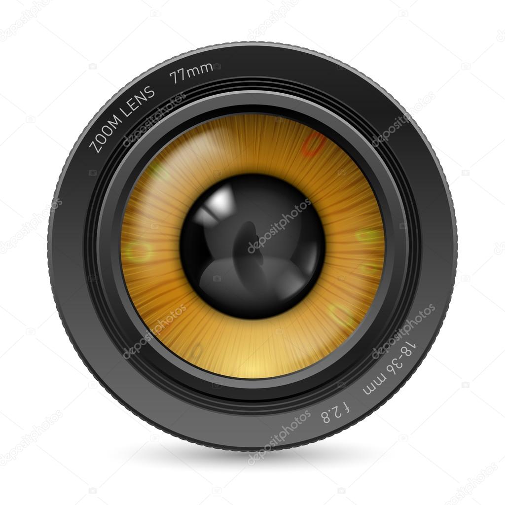 Camera lens isolated on white background. Illustration orange eye