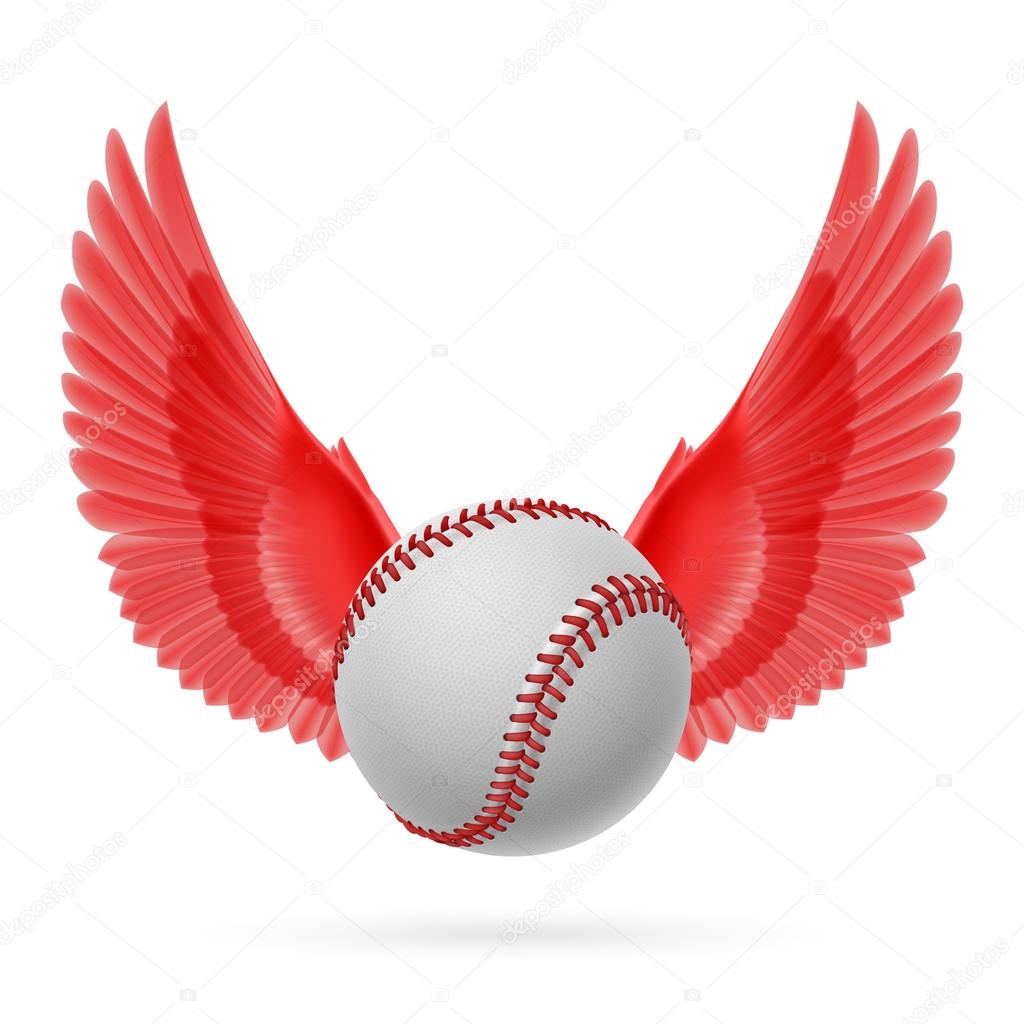 Realistic baseball emblem with red wings on white