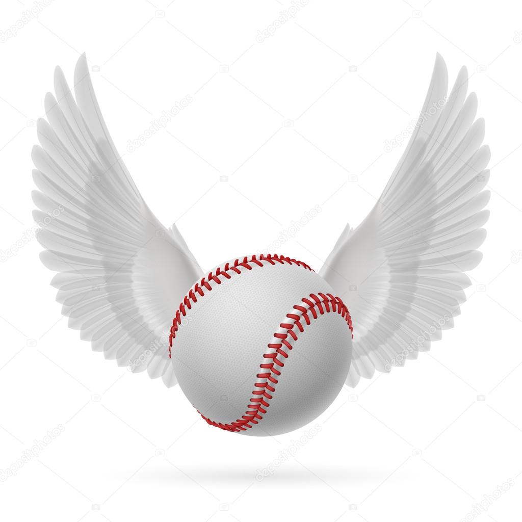 Realistic baseball emblem with white wings for design