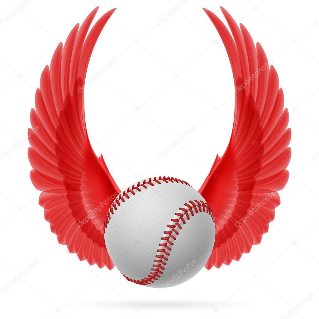 Realistic baseball emblem with raised up red wings