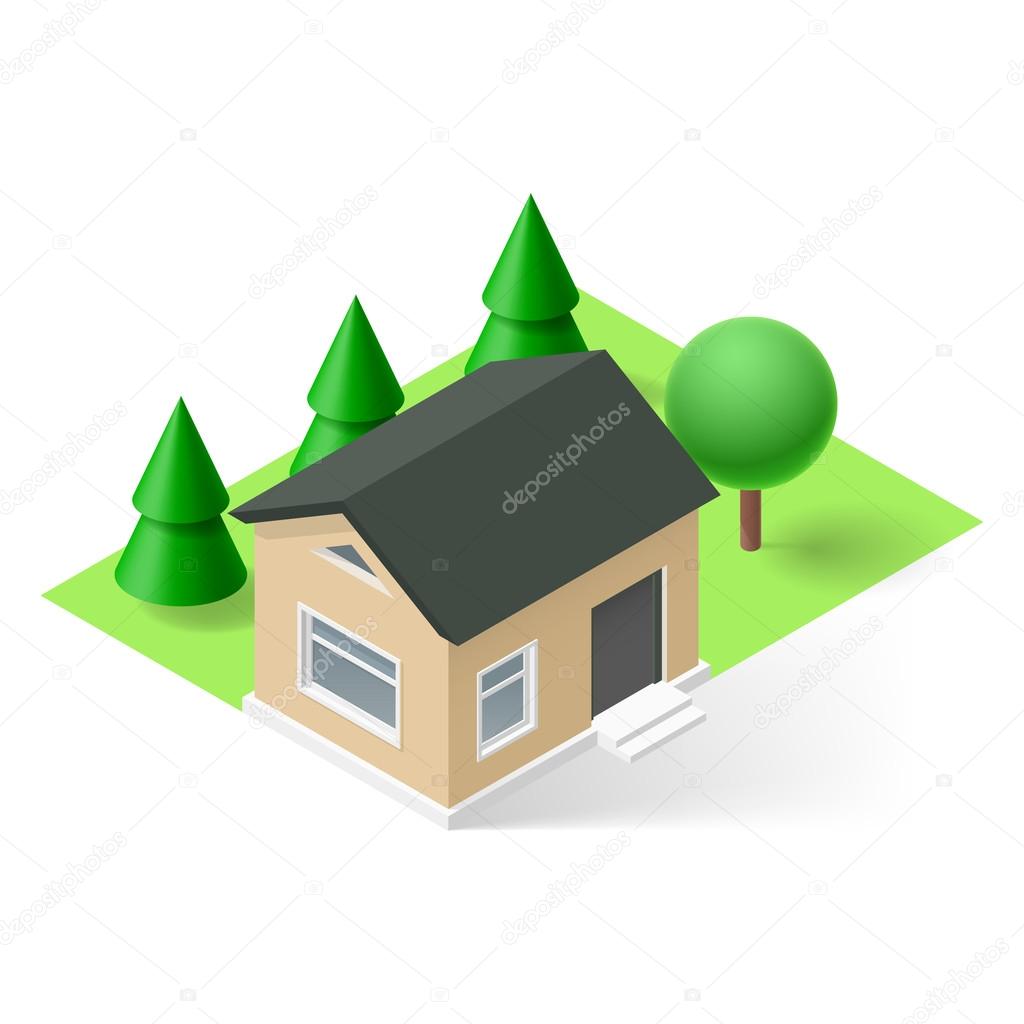 Isometric small house with green grass and trees