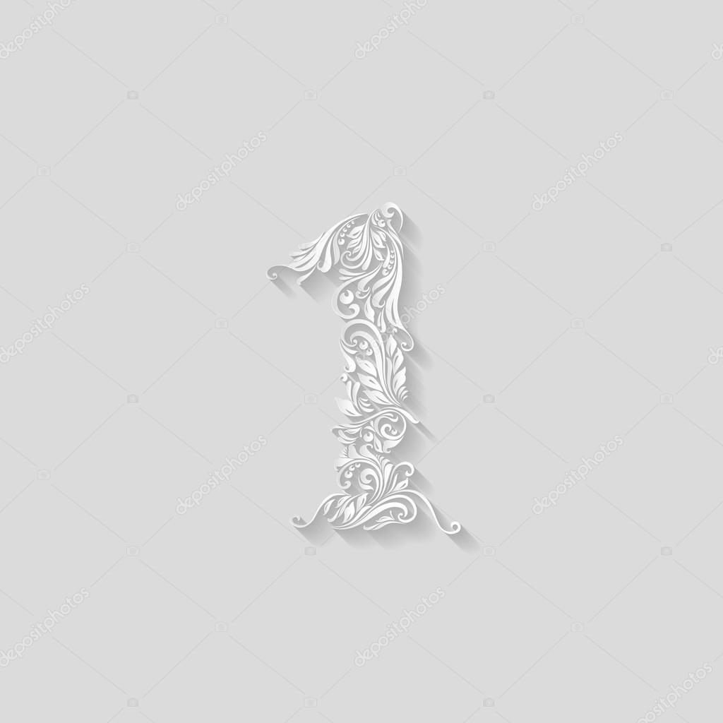 Richly decorated digit one on gray background