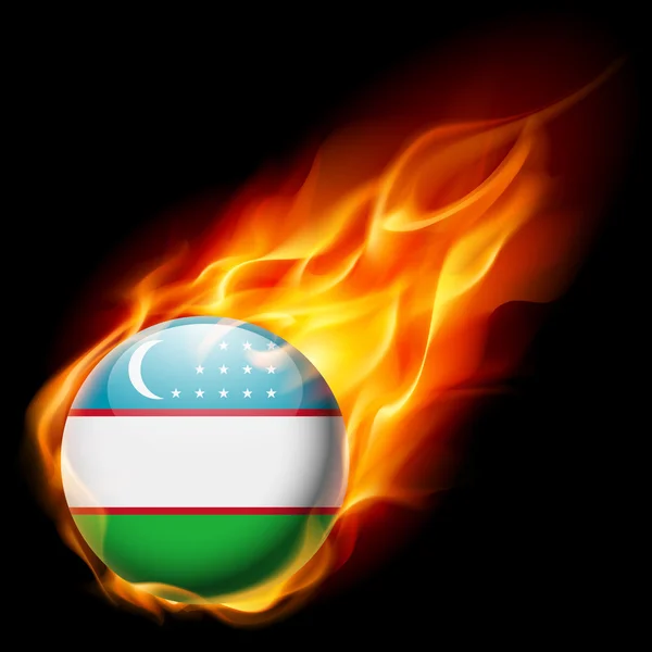 Flag of Uzbekistan as round glossy icon burning in flame — Stock Vector