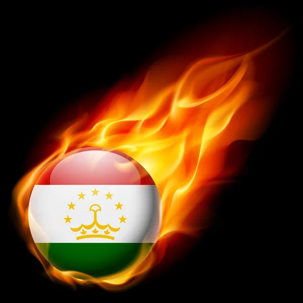 Flag of Tajikistan as round glossy icon burning in flame — Stock Vector