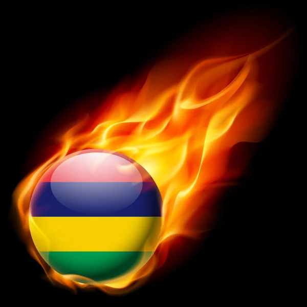 炎で燃えて丸い光沢のあるアイコンとモーリシャスの国旗 — ストックベクタ