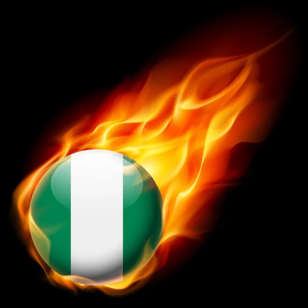 Flag of Nigeria as round glossy icon burning in flame — Stock Vector