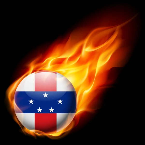 Bandera de las Antillas Holandesas como icono redondo brillante ardiendo en llamas — Vector de stock