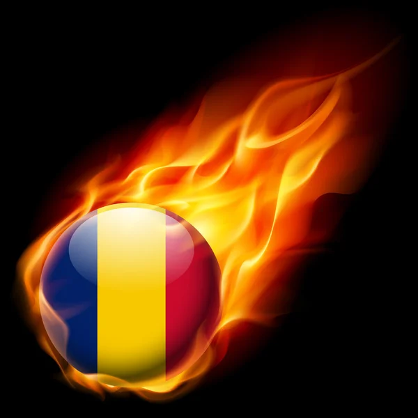 Flag of Chad as round glossy icon burning in flame — Stock Vector