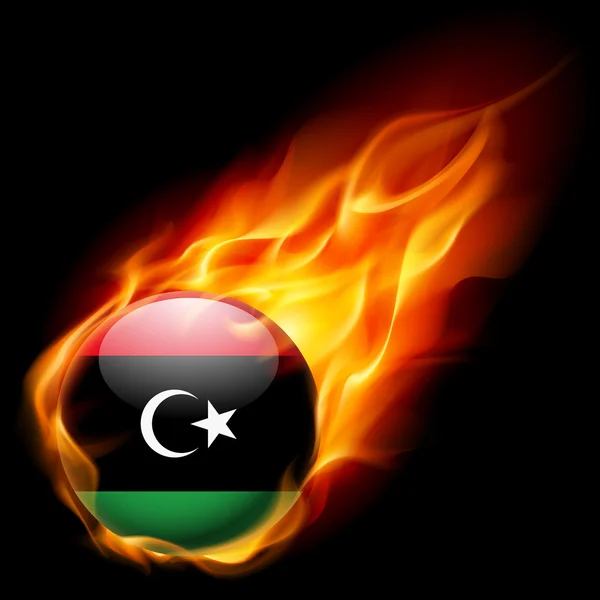 Flag of Libya as round glossy icon burning in flame — Stock Vector