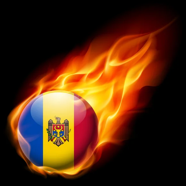 Flag of Moldova as round glossy icon burning in flame — Stock Vector