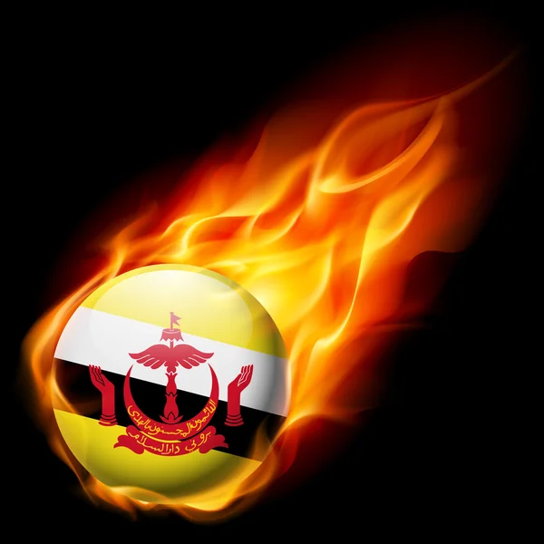 炎で燃えて丸い光沢のあるアイコンとしてのブルネイの旗 — ストックベクタ