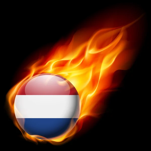 Flag of Netherlands as round glossy icon burning in flame — Stock Vector