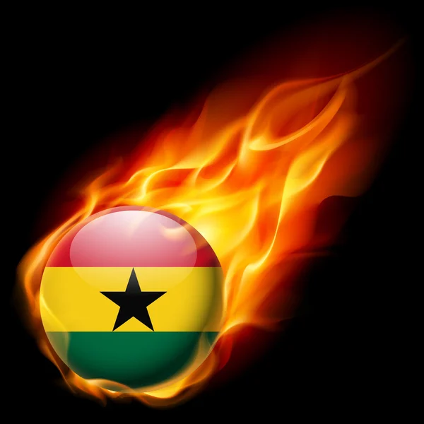 Flag of Ghana as round glossy icon burning in flame — Stock Vector