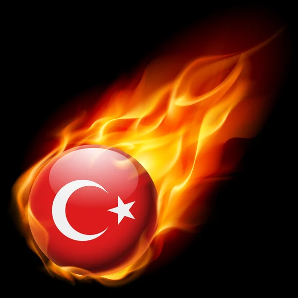 Flag of Turkey as round glossy icon burning in flame — Stock Vector