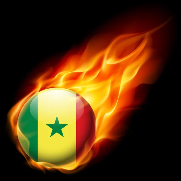 Flag of Senegal as round glossy icon burning in flame — Stock Vector