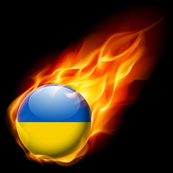 Bandera de Ucrania como icono brillante redondo ardiendo en llamas — Vector de stock