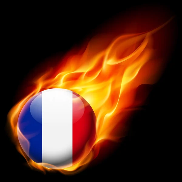 Drapeau de la France comme icône ronde brillante brûlant en flamme — Image vectorielle