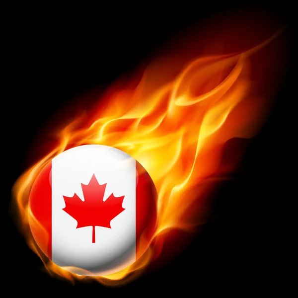 Alev içinde yanma yuvarlak parlak simge olarak Kanada bayrağı — Stok Vektör