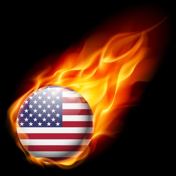 Flag of USA as round glossy icon burning in flame — Stock Vector